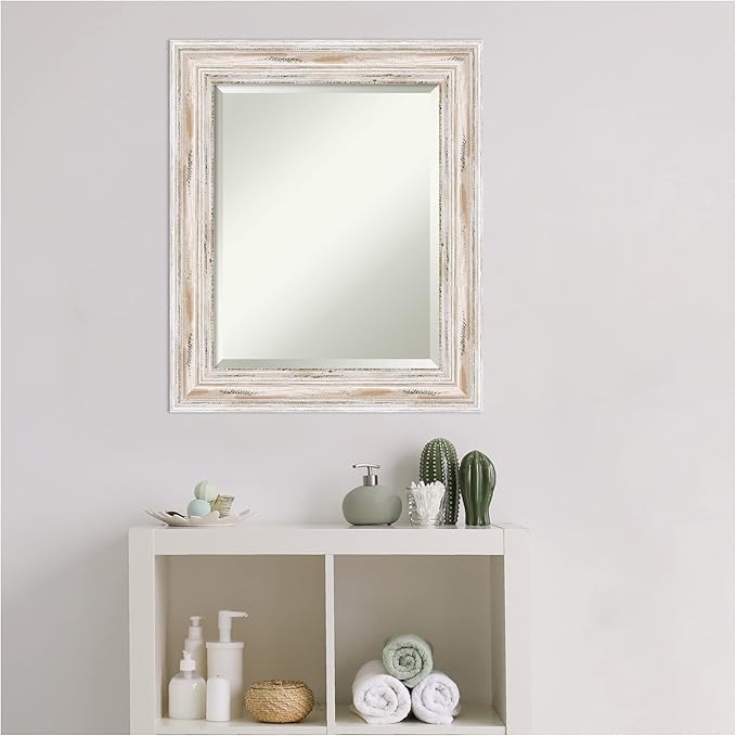 Amanti Art White Bathroom Mirror for Over Sink, 25x21 Alexandria White Wash Rectangle Vanity Mirror, Small Coastal Wood Frame, Hangs Horizonally and Vertically, Bathroom Wall Decor, Beveled Edge