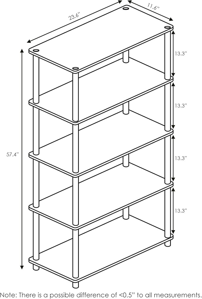 Furinno Turn-N-Tube 5-Tier Multipurpose Shelf / Display Rack / Storage Shelf / Bookshelf, Round Tubes, Black/Grey