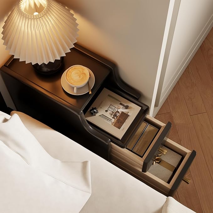 Narrow Nightstand with Drawers, Wood Bedside Table, Small Black Nightstand Set of 2