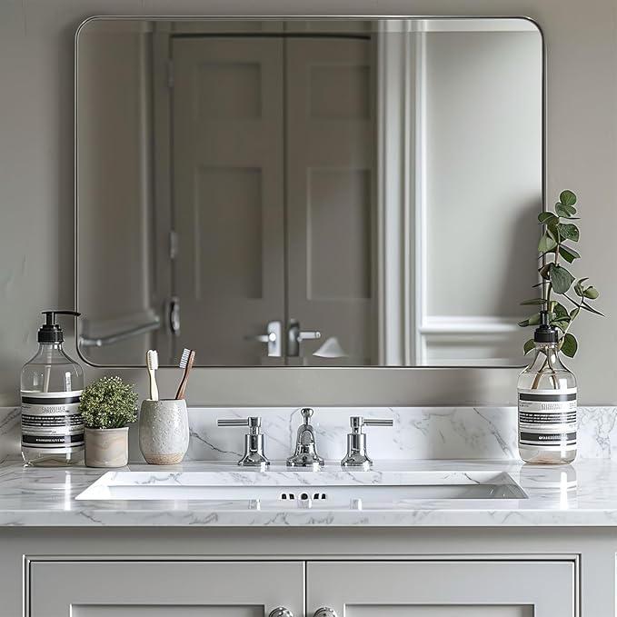 ANDY STAR 30"x48"Chrome Bathroom Mirror, Large Wall Mirror for Bathroom, Rounded Rectangle Mirror in Premium Stainless Steel Metal Frame Hangs Horizontal Or Vertical