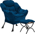 Lazy Chair with Folding Ottoman, Accent Chair Velvet Upholstered with Metal Structure and Non-Slip Pads, Sofa Armchair with Footrest and Side Storage Bag for Dorm, Room, Office, Blue