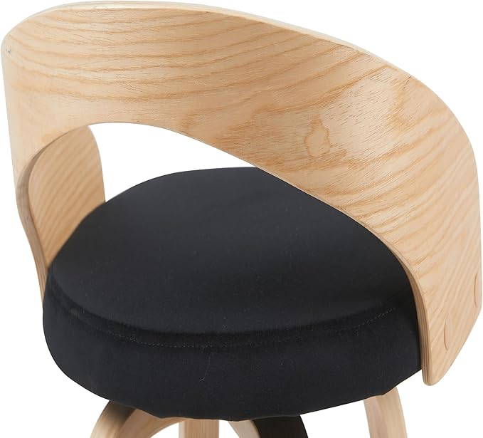 Sonia Modern Swivel Bar Height Stool with Black Upholstered Seat and Patterned Oak Wood Finish Set of 3