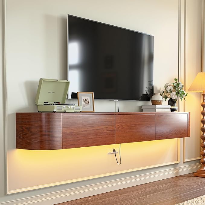Fully Assembled Floating TV Stand with Drawers, 78IN Vintage Wall Mounted Entertainment Center, Minimalist Large Storage Console Under TV, Solid Wood Media Shelf for Living Room, Bedroom