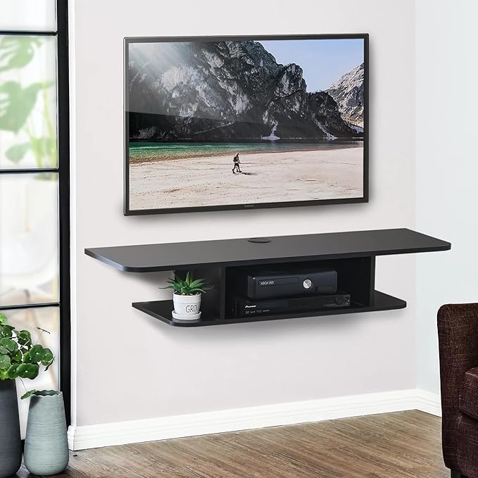 BiJun Floating TV Shelf, Entertainment Center Wall Mounted Media Console Router DVD Shelf for One/PS4/Cable Box/DVD Players/Game Console Streaming Media Equipment (Black, 35.4)