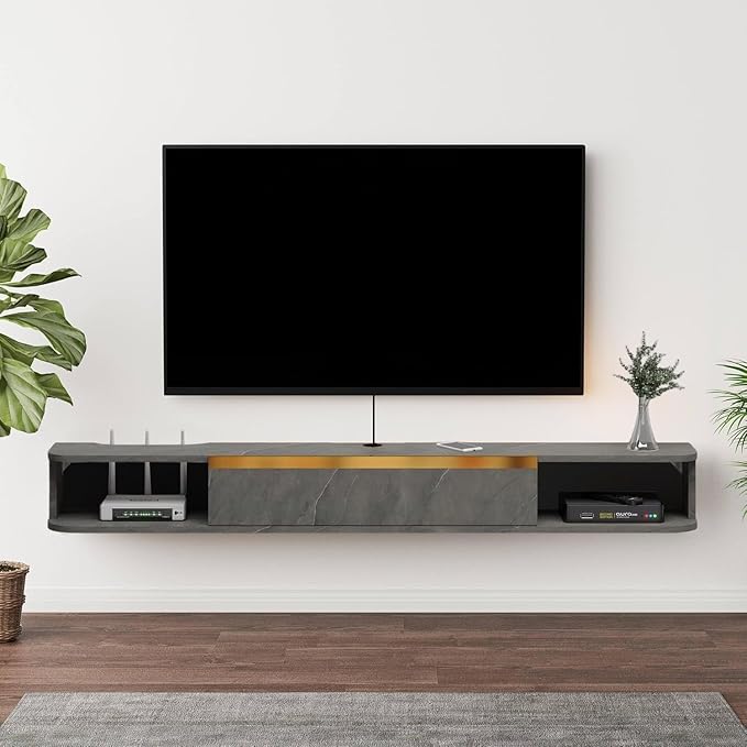 Floating TV Stand, 55'' Wall Mounted Entertainment Center TV Media Console, Floating Shelves with Door, Floating TV Cabinet Large Storage TV Bench for Living Room (Dark Grey, 55.11IN)