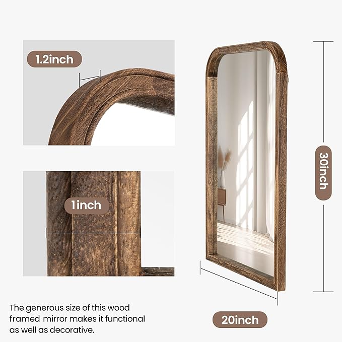 20"x30" Solid Wood Bathroom Mirror Arch Tempered Glass for Wall Mounted, Rustic Wood Frame Wall Mirror Decorative for Living Room Bedroom Vanity Mirror Entryway Mirror, Rustic Brown