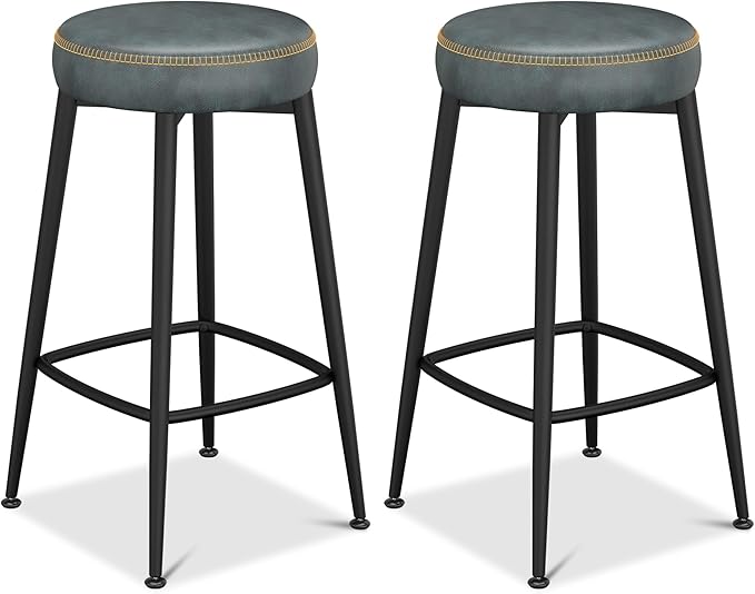 Counter Height Bar Stools, 26" H Backless Bar Stools Set of 4, Upholstered Faux Leather Kitchen Counter Stools, Mid Century Modern, Kitchen Island Home Bar, Pub, Black Blue