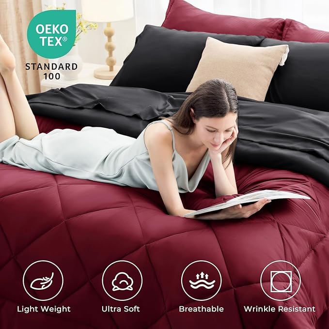 HEVUMYI Red & Black Twin Comforter Set - 5-Piece All Season Bed in a Bag Twin, Ultra Soft Burgundy Bedding Set with Comforter, Flat Sheet, Fitted Sheet, Pillowcases, Pillow Shams, Burgundy Red & Black