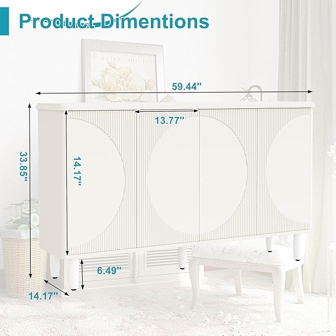 59.4" Sideboard Buffet Cabinet with Storage, Kitchen Buffet Storage Cabinet with Doors & Shelves, Modern Sideboard for Living Room, Kitchen, Hallway, White
