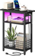 HOOBRO Narrow Side Table with Charging Station and LED Light, Small End Table with Storage, Skinny Nightstand with USB Port, Slim Bedside Table for Small Spaces, Living Room, Black BB242UDBZ01