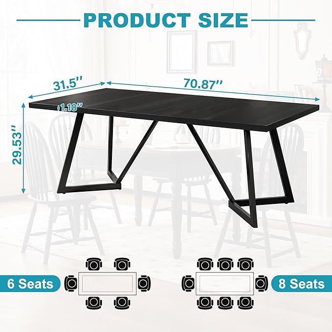 71" Dining Table for 6-8, Farmhouse Dinner Table with Wooden Tabletop and Metal Frame Base, Rectangular Kitchen Tables for Dining Room, Kitchen, Living Room, Black