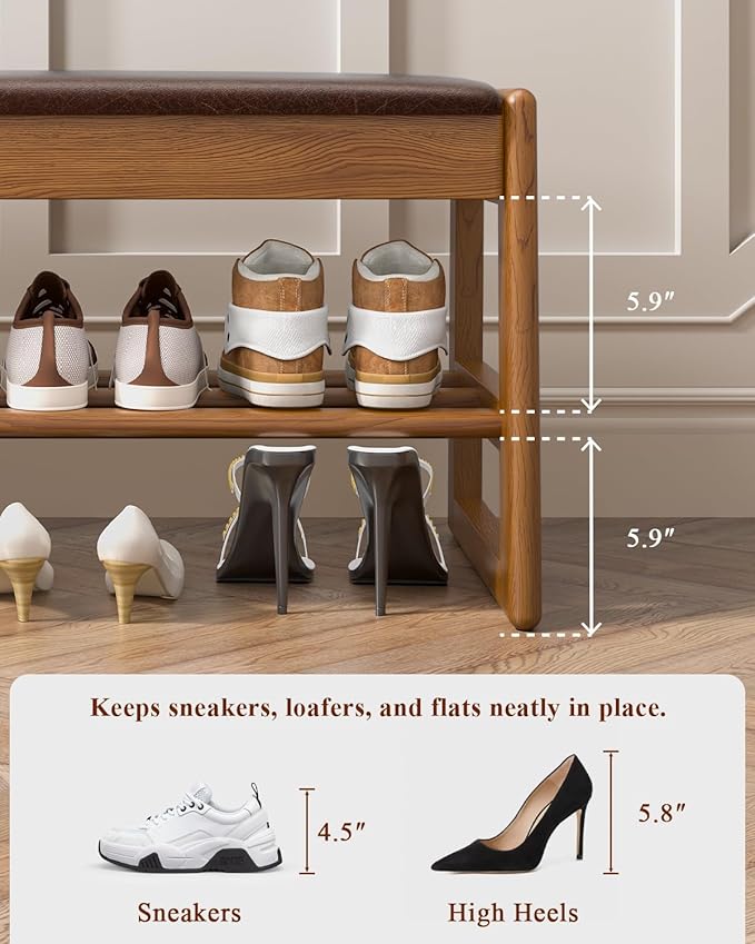 Shoe Rack Bench Seat Rubberwood 2-Tier Wooden Storage Bench 550lbs Compact Mid-Century Modern Design for Entryway, Hallway, Closet, Front Door Entrance, Foyer