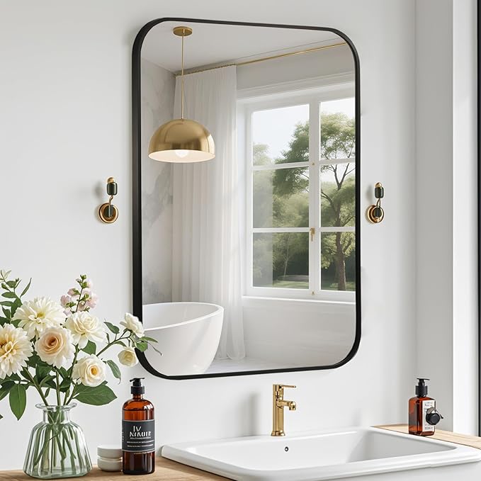 Black Bathroom Mirror, 40x30 Inch Aluminum Frame Rectangle Mirror, Anti-Rust, Tempered Glass, Wall Mirror for Over Sink, Vanity, Bedroom, Entryway, Horizontal/Vertical
