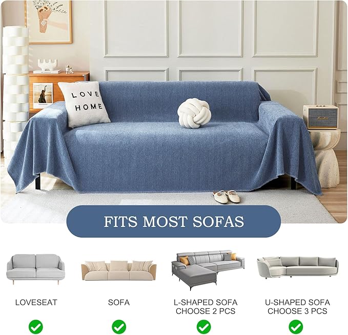 STACYPIK Thick Blue Sofa Covers Couch Covers for Dogs Herringbone Jacquard Couch Covers for 3 Cushion Couch Non-Slip Sectional Covers Protector Loveseat Couch Cover Pet Blanket Cover-71x134IN
