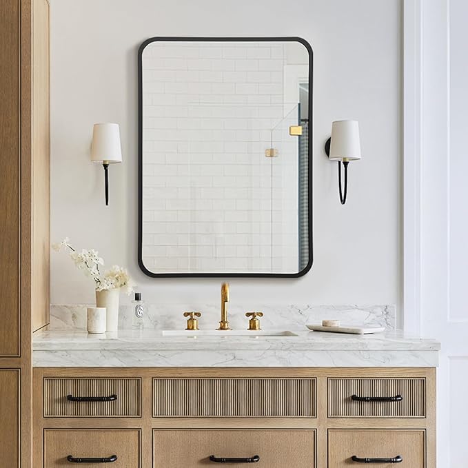 24x36 Rounded Rectangle Bathroom Mirrors for Over Sink, Black Vanity Mirror with Metal Frame Wall Mounted, Modern Farmhouse Mirror for Restroom, Bedroom, Entryway Decor