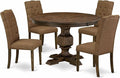 East West Furniture F3EL5-718 5 Piece Modern Dining Table Set Includes a Round Wooden Table with Pedestal and 4 Brown Linen Linen Fabric Parsons Dining Chairs, 48x48 Inch, Distressed Jacobean