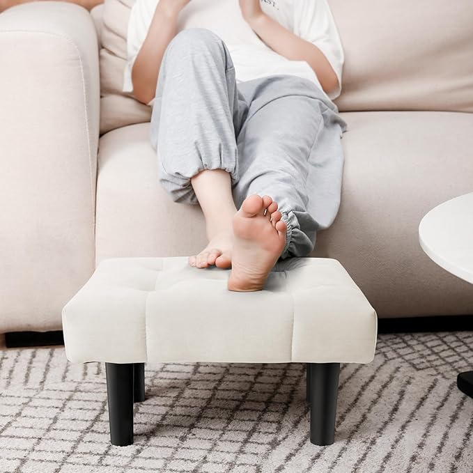 HOUCHICS Small Footstool Ottoman,Velvet Soft Footrest Ottoman with Wood Legs,Sofa Footrest Extra Seating for Living Room Entryway Office(White 2PACK)