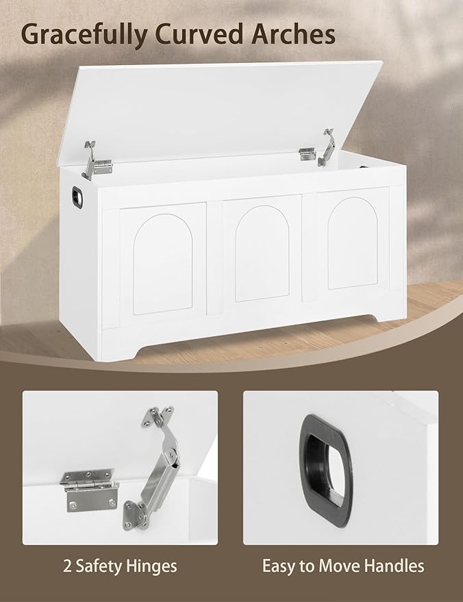 DINZI LVJ Storage Chest, 39.4”Wooden Storage Box with 2 Safety Hinges, Entryway Shoe Bench with Flip-Top, Trunk for Living Room, Bedroom, Easy Assembly, White