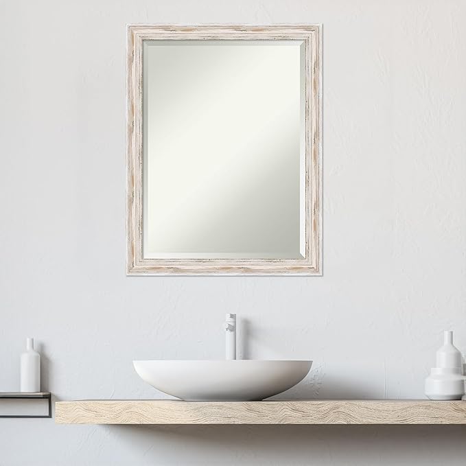 Amanti Art White Bathroom Mirror for Over Sink, 27x21 Alexandria White Wash Narrow Rectangle Vanity Mirror, Medium Cottage Wood Frame, Hangs Horizonally and Vertically, Bathroom Wall Decor, Beveled