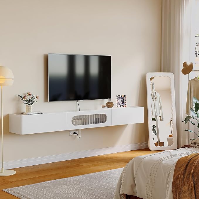 Floaticase Floating TV Stand, 94IN Fully Assembled Hign Gloss Wall Mounted Entertainment Center with Flip-Down Door & Drawers, Under TV Shelf with Large Storage for Living Room, Bedroom