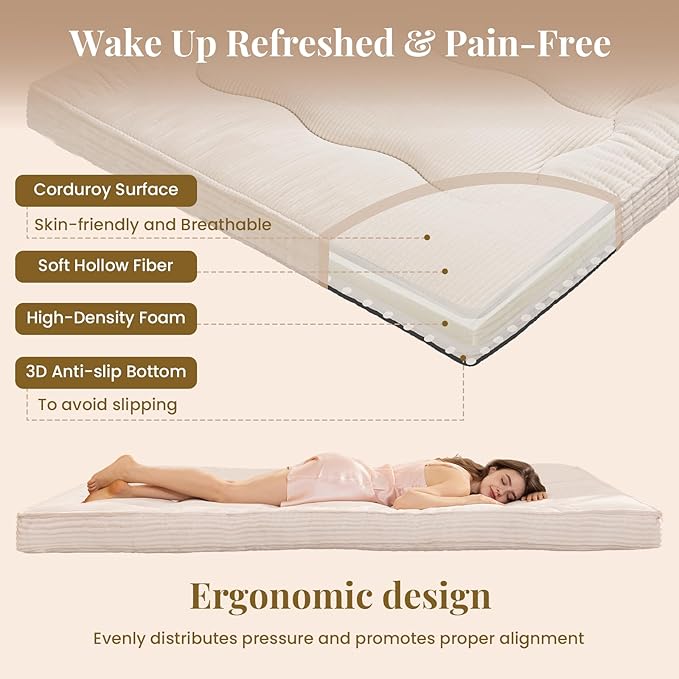 Japanese Floor Mattress, 4" Thicken Futon Mattress Full Size Sleeping Pad, Corduroy Foldable Floor Pad, Roll Up Tatami Mat for Adults Guest Room Bedroom, Beige