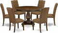 East West Furniture F2EL7-718 7 Piece Dining Table Set Consist of a Round Kitchen Table with Pedestal and 6 Brown Linen Linen Fabric Parson Dining Room Chairs, 48x48 Inch, Distressed Jacobean