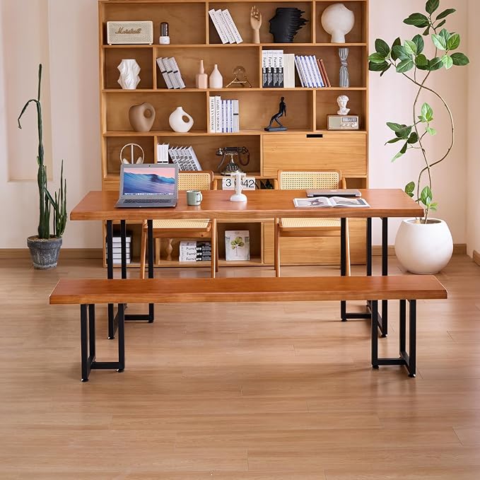 Durable Solid Wood Top Bench with Metal Triangular Legs – Stylish Long Dining Bench for Home, Office, Restaurant & Patio (Wooden Brown Bench, 78.74in)