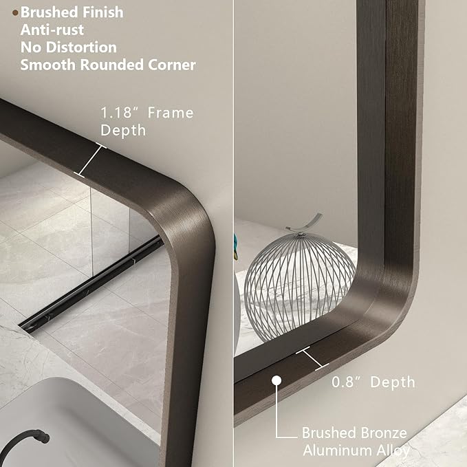 24x36 Bronze Bathroom Mirror, Brushed Metal Bathroom Vanity Mirrors for Wall, Modern Rounded Corner Rectangle Mirror for Farmhouse, Bedroom, Anti-Rust (Horizontal/Vertical)