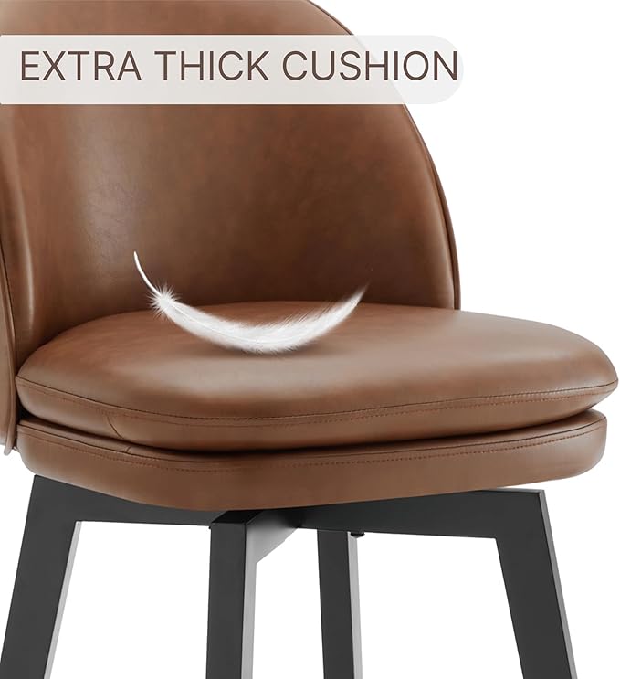 Counter Height Barstools 26 inch Upholstered Swivel Bar Stools with Back and Wood Legs for Kitchen Island,Set of 3,Brown PU Leather-Armless