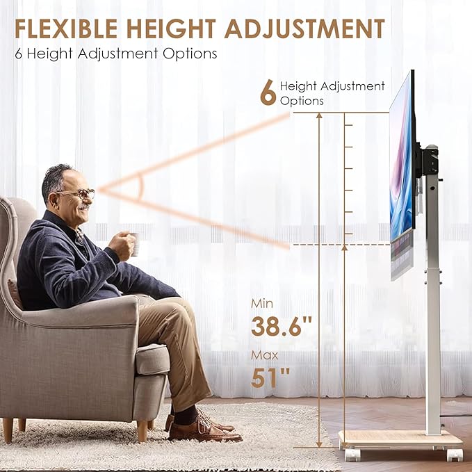 Rolling TV Stand with Power Outlet, Swivel Mobile Portable TV Cart for 32-75 Inch TVs up to 110 lbs, Landscape to Portrait, Height Adjustable Outdoor TV Stand with Wheels, Max VESA 600x400mm