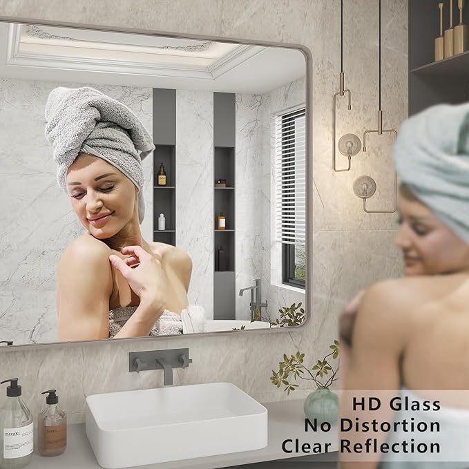 24x30 Inch Silver Bathroom Mirror, Brushed Metal Framed Vanity Mirror for Wall, Rounded Corner Rectangle Mirror, Anti- Rust (Horizontal/Vertical)