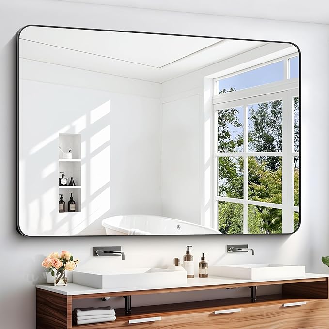 60" x 40"Bathroom Mirror, Matte Black Wall Mirror with Metal Frame, Decorative Rectangular Vanity Mirror for Bedroom Bathroom Living Room Entryway (Horizontal/Vertical)