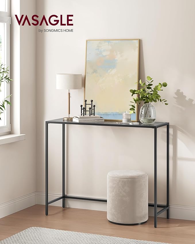 VASAGLE Entryway Table, Console Table, Tempered Glass Tabletop, Modern Sofa Table, Easy Assembly, with Adjustable Feet, for Living Room, Entryway, Ink Black and Slate Gray ULGT132B01