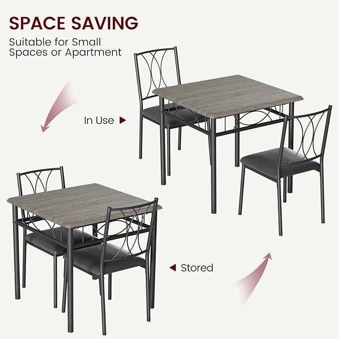 CABIHOME Dining Table Set for 2, 3 Piece Kitchen Table Set with 2 Upholstered Chairs, Square Kitchen Table Set for Small Space, Apartment, Dining Room, Retro Gray