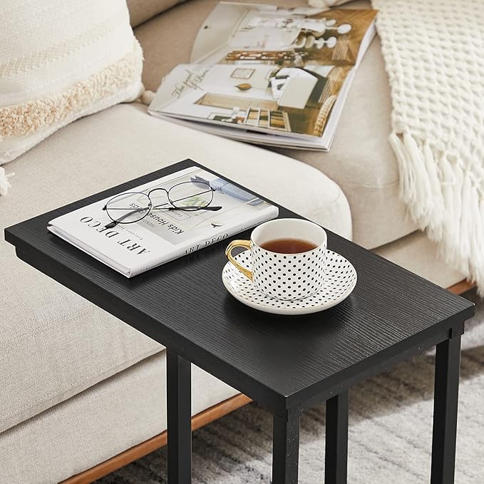 VECELO C Shaped End Side Table for Sofa Couch and Bed Snack TV Tray for Living Room Bedroom, 2 Set, Black