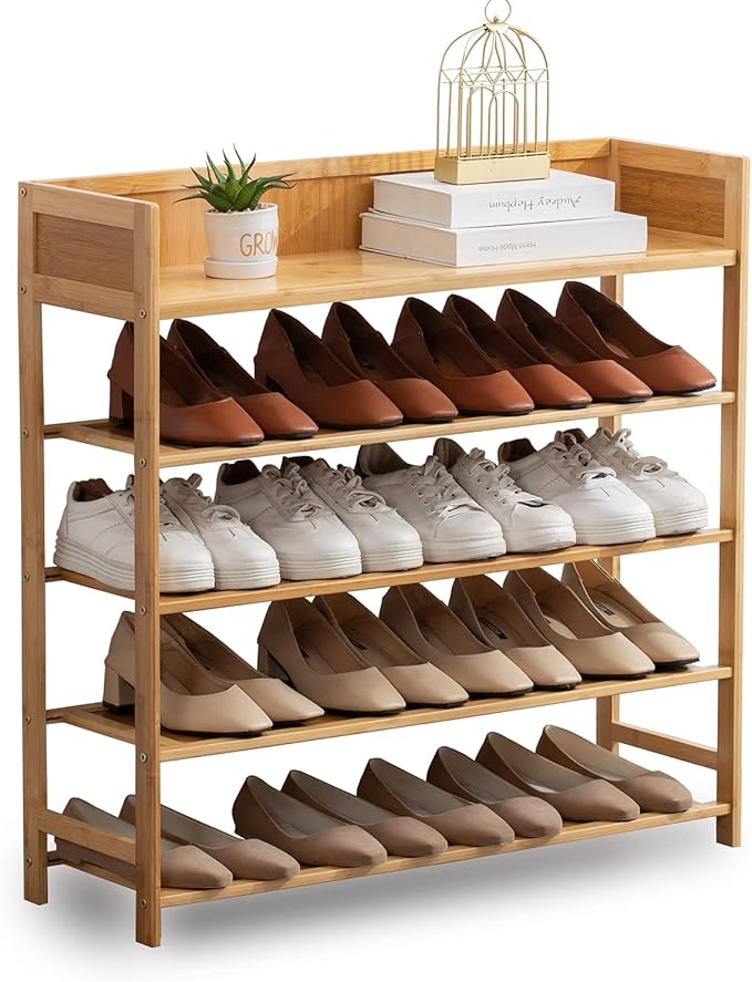 Bamboo Shoe Rack Organizer, 5 Tier Shoe Shelf Storage Organizer, for Entryway, Hallway, and Closet (Nature-31.5)