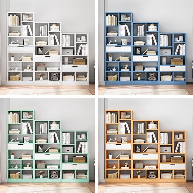 IOTXY Wooden Open Shelf Bookcase - 71 Inches Tall Freestanding Display Storage Cabinet Organizer with 10 Cubes and a Drawer, Floor Standing Bookshelf in Bright Blue