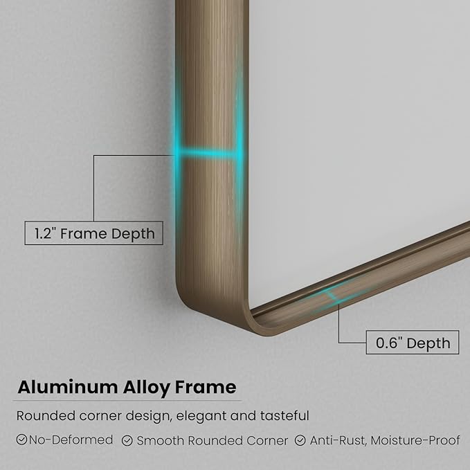 Bronze Bathroom Mirror 48x30 Inch, Brushed Bronze Metal Frame Mirror for Wall, Rounded Rectangle Bathroom Vanity Mirror with Tempered Glass, Anti-Rust, Horizontal/Vertical