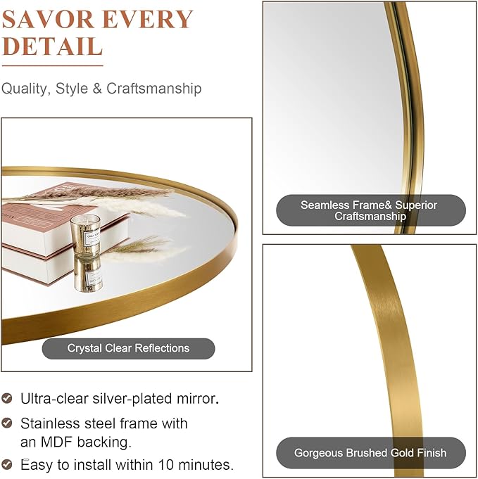 ANDY STAR Gold Oval Mirrors for Bathroom, 22x30 Inch Brushed Gold Stainless Steel Metal Framed Oval Wall Mirror, Modern Vanity Mirror Wall Mount Horizontal or Vertical