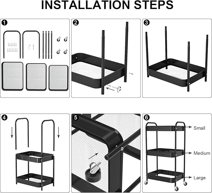 3-Tier Rolling Metal Storage Cart with Wheels, Multi-Functional Organizer for Office, Kitchen, Bathroom, Books Diapers - Easy Assembly (Black)