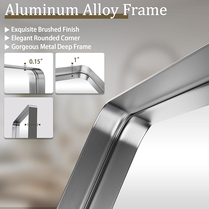 Bathroom Mirror 30x48 inch, Silver Gorgeous Deep Frame Wall Mirror, Modern Round Corner Bathroom Vanity Mirror for Bedroom, Living Room, Hanging or Leaning Horizontal or Vertical, Silver