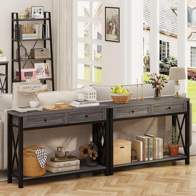 BON AUGURE Sofa Table with Drawers, Console Tables for Entryway, Sofa Table with Storage, Couch Tables for Living Room, Hallway, Foyer, Entry (Dark Grey Oak, 47 Inch)