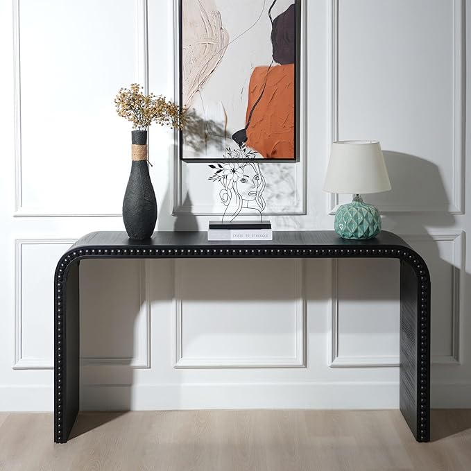 KEIKI Wood Console Table Behind Couch & Sofa, Retro Style with Curved Waterfall & Wood Beads Design, for Entryway, Living Room, Black