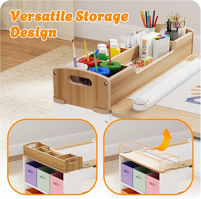 Kids Art Table and Chair - Toddler Craft Table and Chairs Set with 2 Chair & Bins, Kids Activity Desk with Paper Roll for Playrooms & Classroom, 44" L x 24" W, Natural