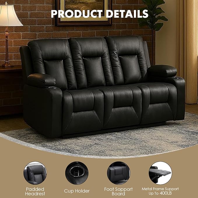 LUCKLIFE Leather Recliner Sofa Set with Manual Recliners,Living Room Furniture Set with Reclining Couch,Loveseat and Armchair,Living Room Chair with Cup Holders,Black (3+1+1)