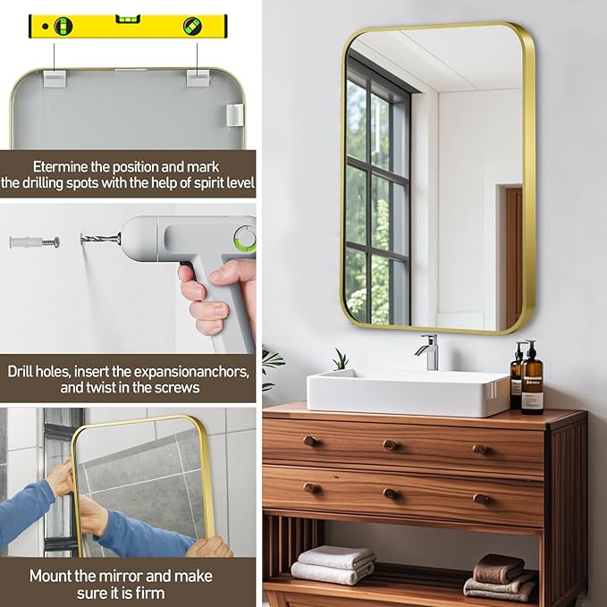 Matte Gold Mirror, 48x30 Inch Brushed Gold Mirror, Aluminum Alloy Framed Vanity Mirror, Rounded Rectangle Bathroom Mirror for Over Sink, Anti-Rust Wall Mirror (Horizontally or Vertically)