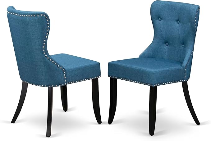 LESI9-SBB-21-9-Piece Dining Room Set Consists of a Modern Table and 8 Blue Linen Fabric Dining Room Chairs with Button Tufted Back - Sand Blasting Black Finish