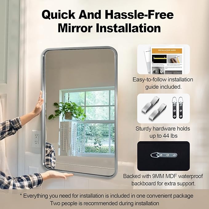 ANDY STAR Mirrors for Wall, 20x28’’ Brushed Nickel Bathroom Mirror, Rounded Rectangle Mirrors for Vanity, Anti-Rust SUS304, Tube Metal Frame, 1’’ Deep Wall Mounted Vertically/Horizontal