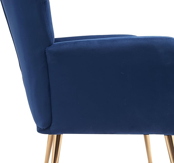 Container Furniture Direct Modern Chic Mid-Century Velvet Accent Armchair for Living Room, Bedroom, or Home Office, Button-Tufted Wingback Design with Gold Flared Legs, Navy Blue