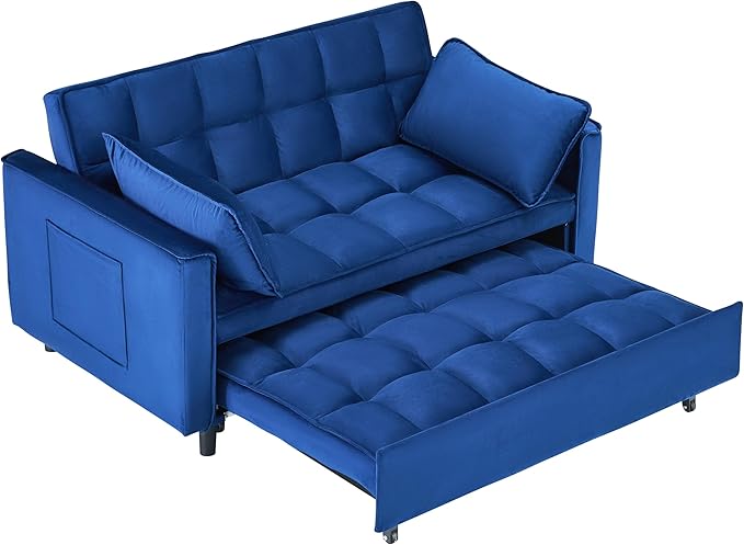 Ball & Cast 3 in 1 Convertible Sleeper Sofa Bed,Velvet Futon Couch with Pull-Out Bed,Convertible Pull Out Couches W/ 2 Pillows,Adjustable Backrest & Side Pocket,for Living Room,Apartment,Blue,55"